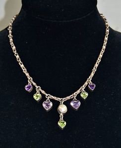 STERLING SILVER MULTI COLOR HEART GEMSTONE/ PEARL NECKLACE