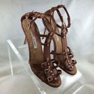 MANOLO BLAHNIK BROWN LEATHER STRAPPY OPEN TOE HEELS SIZE 38.5