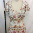 BADGLEY MISCHKA CREAM FLORAL BEADED V-NECK CAP SLEEVE BLOUSE SIZE 6