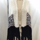QI SE QUN CREAM/ BLACK/ RED SHAGGY FRINGE TRIM OPEN CARDIGAN SIZE M/L