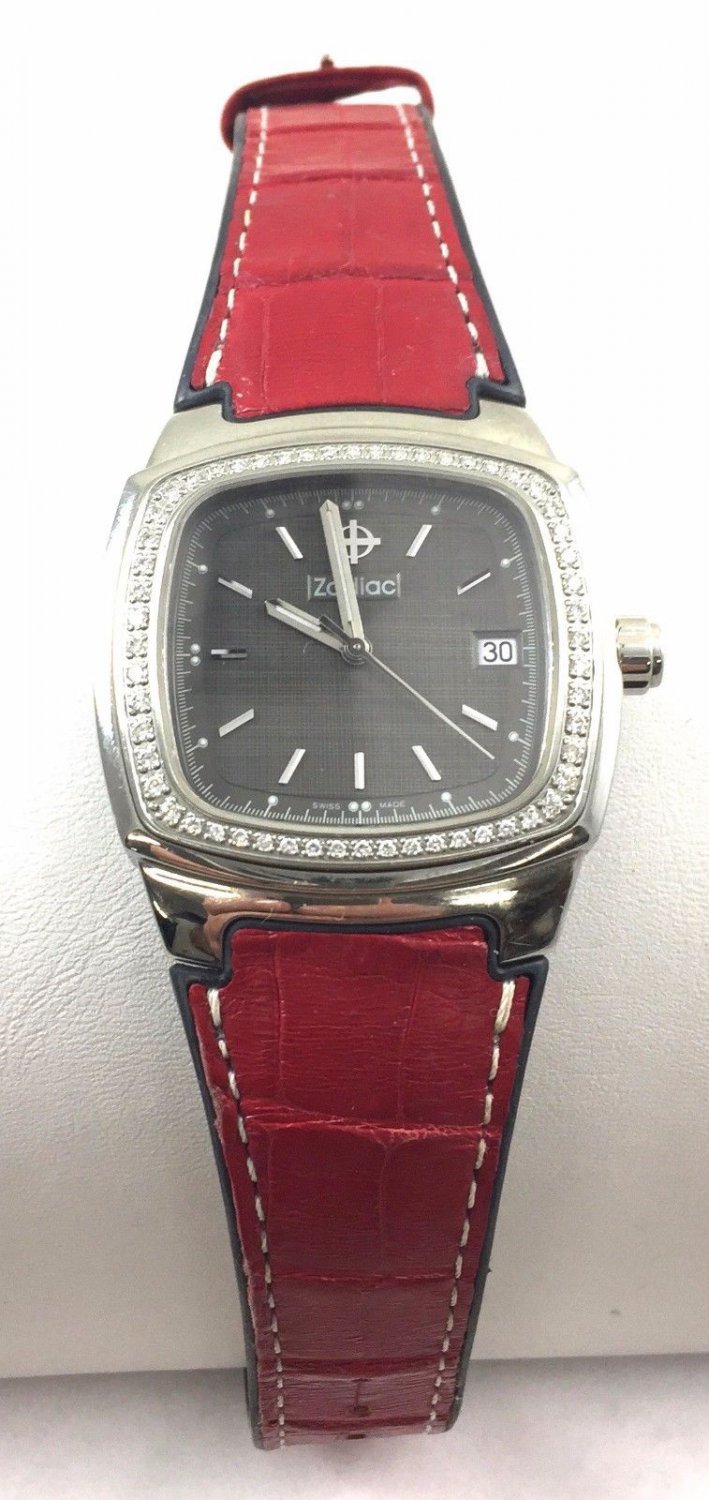 Rare Vintage Zodiac Diamond Wrist Watch Black Face Red Leather Strap ZO4300