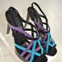 DVF DIANE VONFURSTENBERG BLACK/ PURPLE/ BLUE SUEDE STRAPPY PLATFORM HEELS SIZE 7