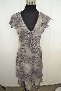 LEONARD PARIS VINTAGE GRAY LEOPARD PRINT SILK RUFFLE DRESS SIZE LARGE