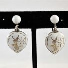 VINTAGE WHITE ENAMEL HEART EARRINGS W/ STERLING HARDWARE