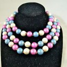 SALVATORE FERRAGAMO BLUE/ CREAM/ PURPLE BEADS 3 STRAND GOLD TONE NECKLACE