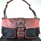 PRADA RED SNAKESKIN, BLACK NYLON HANDBAG, BUCKLE CENTER, SILVER HARDWARE