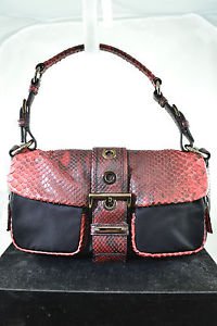 PRADA RED SNAKESKIN, BLACK NYLON HANDBAG, BUCKLE CENTER, SILVER HARDWARE
