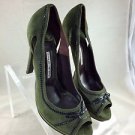 GIOVANNI MONTE GREEN SUEDE BLACK LEATHER TRIM DETAIL PEEP TOE HEELS SIZE 40