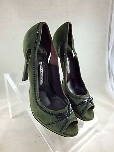 GIOVANNI MONTE GREEN SUEDE BLACK LEATHER TRIM DETAIL PEEP TOE HEELS SIZE 40