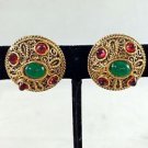 CHANEL VINTAGE 1985 GOLD TONE GRIPOIX RED/ GREEN STONE ROUND CLIP ON EARRINGS