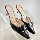 MANOLO BLAHNIK BLACK PATENT BUCKLE KITTEN HEEL MULES SIZE 37