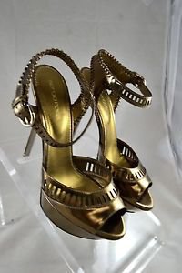 SERGIO ROSSI BRONZE METALLIC PLATFORM ANKLE BUCKLE STRAP HEELS SIZE 38.5