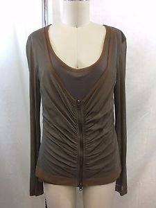 PEOPLE LIKE FRANK CAMEL ZIP OVERLAY MESH SLEEVE SCOOP NECK BLOUSE SIZE M