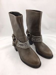 VERA WANG NATASHA BROWN LEATHER BEADED STRAP ANKLE BOOTS SIZE 7.5 B