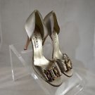 ST JOHN BEIGE SATIN JEWEL EMBELLISHED OPEN TOE HEELS SIZE 7.5 B