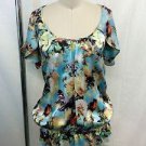 JEAN PAUL GAULTIER LIGHT BLUE FLORAL SILK OPEN SHOULDER BLOUSE SIZE XS RET $455