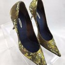 LE SILLA OLIVE GREEN BEADED SATIN TIGER PRINT POINTED PUMPS SIZE 38.5 RET $500
