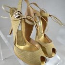 POLLINI BEIGE/ GOLD SUEDE ANKLE BOW TIE PEEP TOE PLATFORM SIZE 38