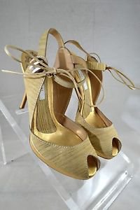 POLLINI BEIGE/ GOLD SUEDE ANKLE BOW TIE PEEP TOE PLATFORM SIZE 38