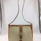 GUCCI VINTAGE TAN TWO TONE WOOD CLOSURE SIGNATURE RED/ GREEN STRIPE SHOULDER BAG