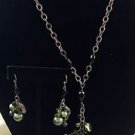.925 Sterling Chain Necklace Green Crystal,Beaded Pendent and Earrings 24"