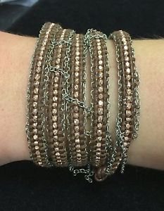 Chan Luu 34&acirc;�� Wrap Bracelet Brown Leather Silver chains Silver Crystals & Beads