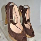 JIMMY CHOO BROWN SUEDE GOLD METALLIC PLATFORM OPEN TOE HEELS SIZE 39