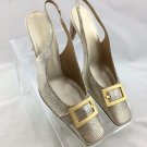 ESCADA GOLD METALLIC EMBOSSED GOLD BUCKLE SQUARE TOE SLING BACK HEELS SIZE 38