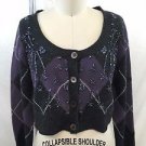 JON PURPLE/ GRAY PLAID CASHMERE SEQUIN CROP CARDIGAN SIZE L