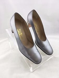 SALVATORE FERRAGAMO SILVER LEATHER SQUARE TOE MIRROR HEEL PUMPS SIZE 8.5 B