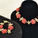 VERSACE GOLD TONE CARVED RED FLORAL CHARMS NECKLACE/ BRACELET SET