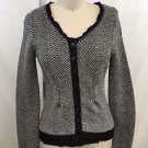 GUINEVERE GRAY HERRINGBONE/ BLACK PLEATED BUTTON CARDIGAN SIZE SMALL