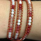Chan Luu  22” Wrap Bracelet Beige Red Wrap Leather Multi Color Beads .925 Clasp