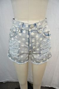 MINK PINK LIGHT WASH DISTRESSED POLKA DOT FRAYED MINI SHORTS SIZE XS