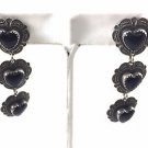 RONI BLANSHAY .925 STERLING  (3) FLOWER HEART DROP EARRINGS BLACK HEARY STONES
