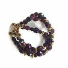 Gold Tone Triple Strand Bracelet Purple Beads Gold Tone Clasp 7”
