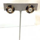 CD CHRISTIAN DIOR Vintage Gold Crystal Faux Pearl black Enamel Clip On Earrings