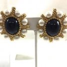Vintage Ciner Pearl Black Stone Gold Tone Clip Earrings