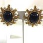 Vintage Ciner Pearl Black Stone Gold Tone Clip Earrings