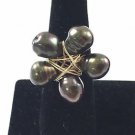 Handmade Ring 14K Gold Fill Wire Wrap 5 Oval Stone Dark Green FW Pearls Size 8"