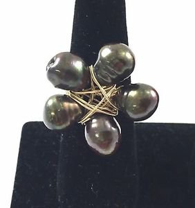 Handmade Ring 14K Gold Fill Wire Wrap 5 Oval Stone Dark Green FW Pearls Size 8"