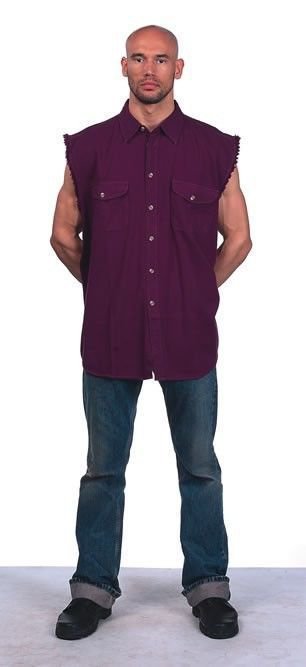 Men's motorcycle burgandy cotton half sleeve cut off shirt with frayed...