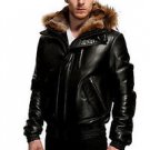 MEN'S  LEATHER JACKET ORIGINAL GOOSE DOWN BOMER WITH BUTTER SOFT REMOVABLE HOOD