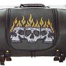 MOTORCYCLE ORANGE FLAME & SKULL NYLON SISSY BAR ROLL TRUNK BAG W/STRAP & HANDLE