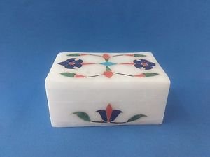 White Marble Jewelry Storage Box Real Gem Inlay Work HANDMADE FLORAL ART + Shipp