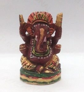 2" inch Hand Painted Idol Lord of Success Wooden Ganesha Statue Figure Sculpture