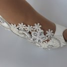 3” heel white silk lace open toe crystal Wedding shoes Bride size 7