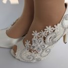 4” heel white silk lace open toe crystal Wedding shoes Bride size 9
