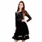Vintage Wetlook Vinyl Leather Black Lace Patchwork Long Sleeve A-Line Club Party Dress WB009017