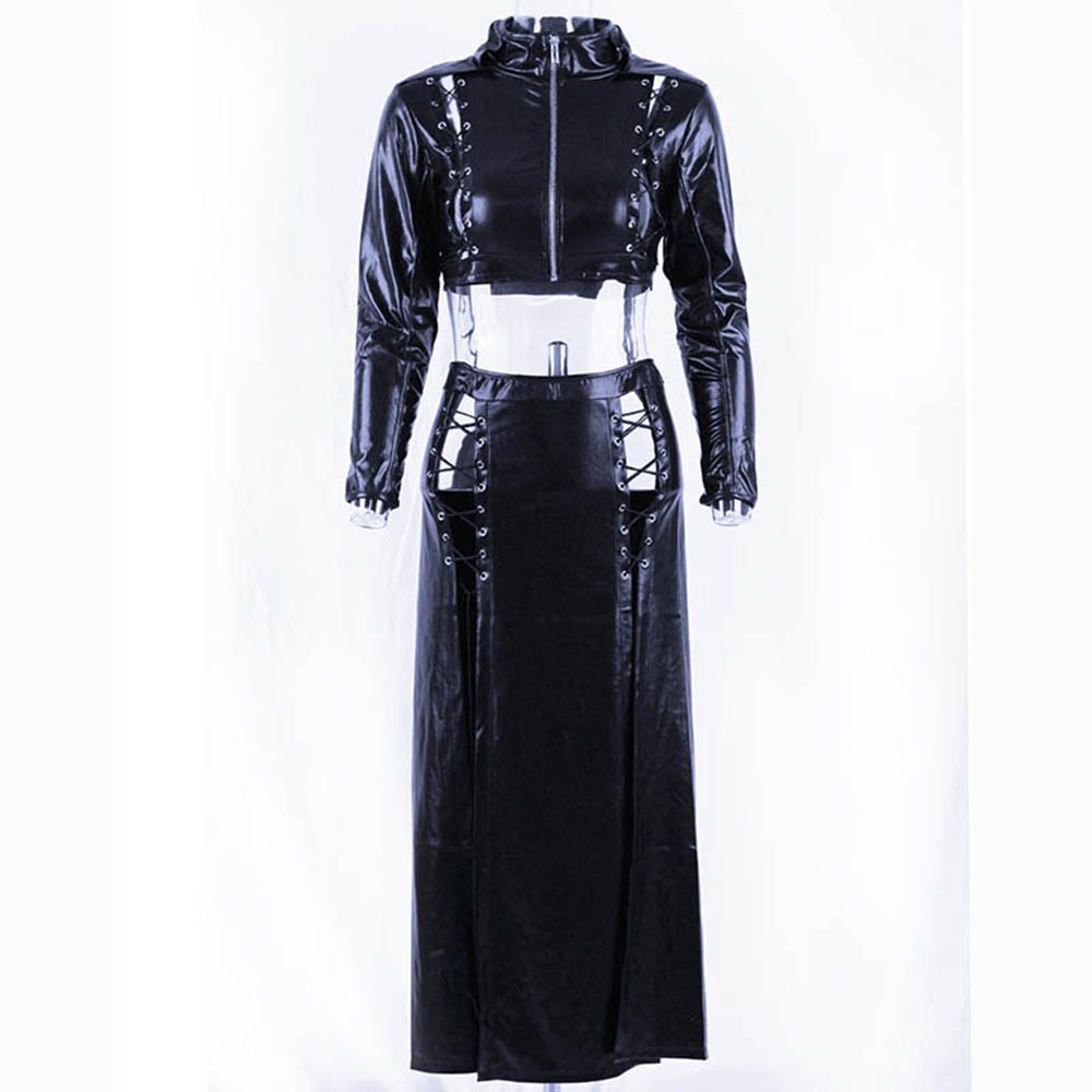 Sexy Black Women Vinyl Lace Clubwear Dress Set